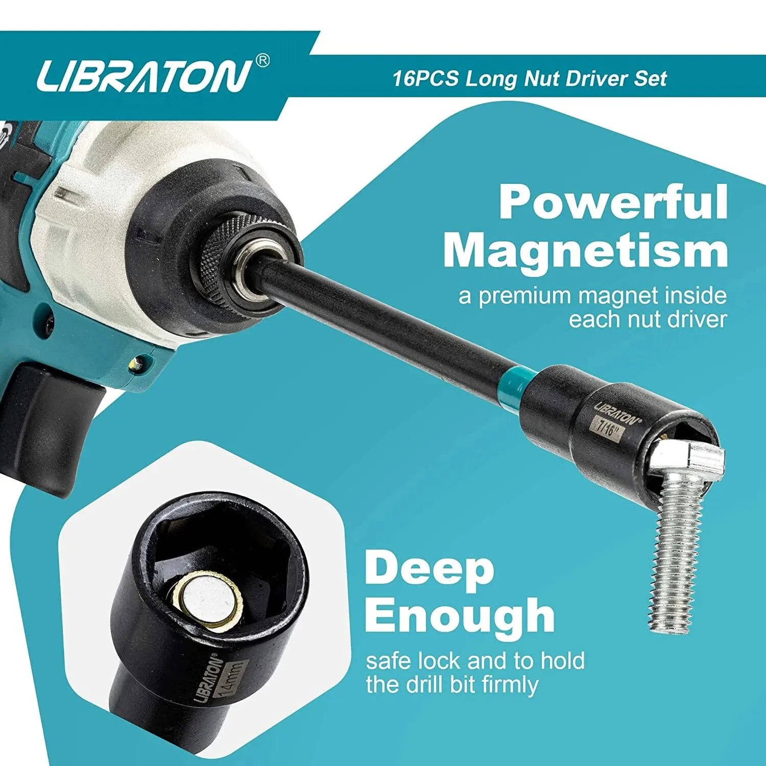 Libraton 16PCS Magnetic Nut Driver Set Metric & SAE Long Nut Drivers for Impact Drill Long Shank Nut Driver Bits Hex Shank PH1 2 5