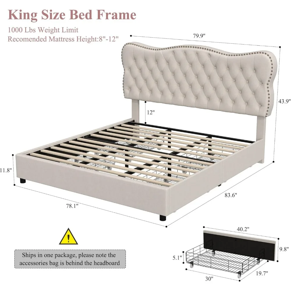King Bed Frame with 4 Storage Drawers, Upholstered Platform Bed Frame with Button Tufted Headboard,No Box Spring Needed (Beige) 6