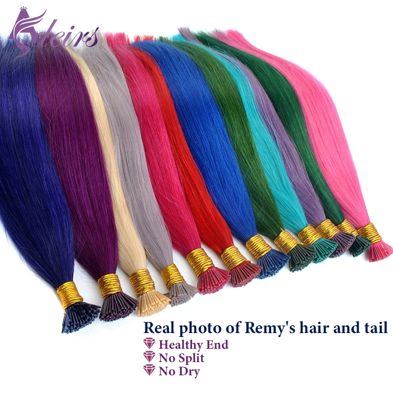 ADEIRS Color I Tip Hair Extensions Real Human Hair Fusion Extensions Color 0.5g/Strand Straight Purple Blue Pink Gray