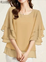 2025 ZANZEA Fashion Women Chiffon Blouse Solid Color Tops Tunic Autumn 3/4 Sleeve Ruffled Shirts Casual Office Lady Elegant Tops - Image 3