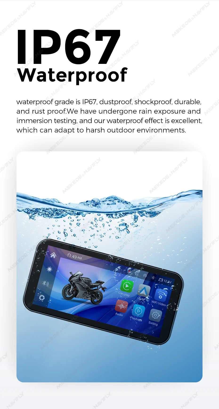 Mekede Tragbarer 6,25-Zoll IP67 Wasserdichter Moto Carplay GPS-Navigator Kabelloses Android AUTO Dual BT Motorrad-Monitor WLAN – Detail 8