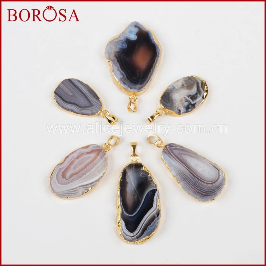 Fashion Gold Plated Natural Onyx Botswana Agate Slice Pendant Bead for Necklace Natural Gemstone for Necklace Accessories 2
