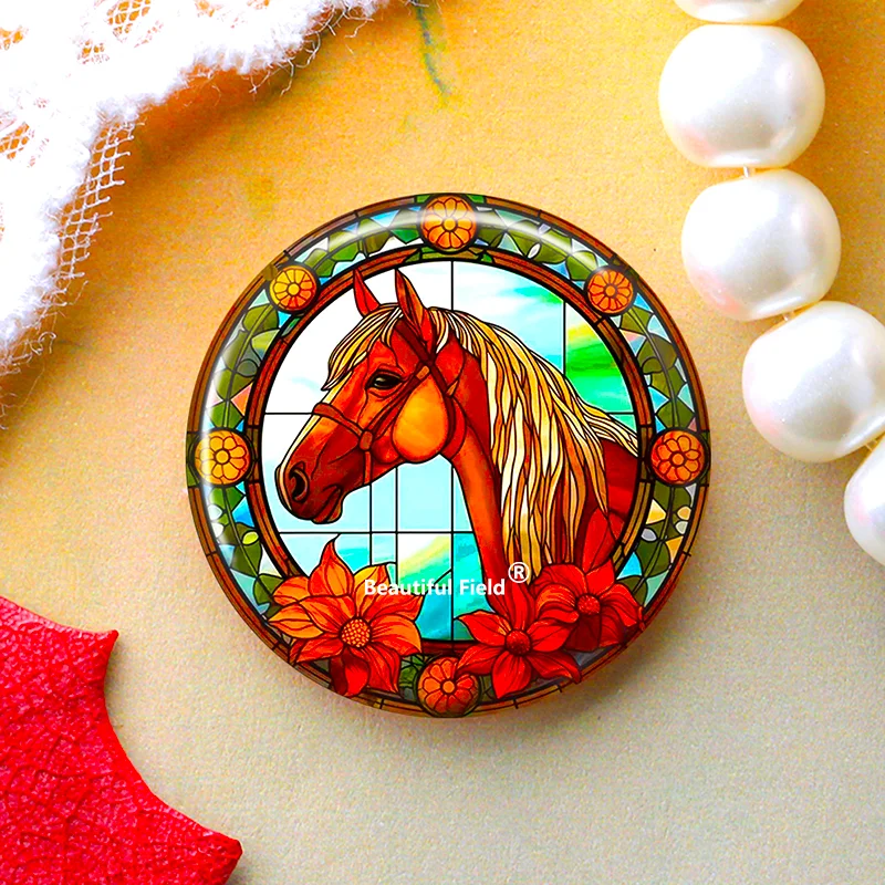 DIY Round Glass Cabochon Photo Set – Horse Design, Multiple Sizes
