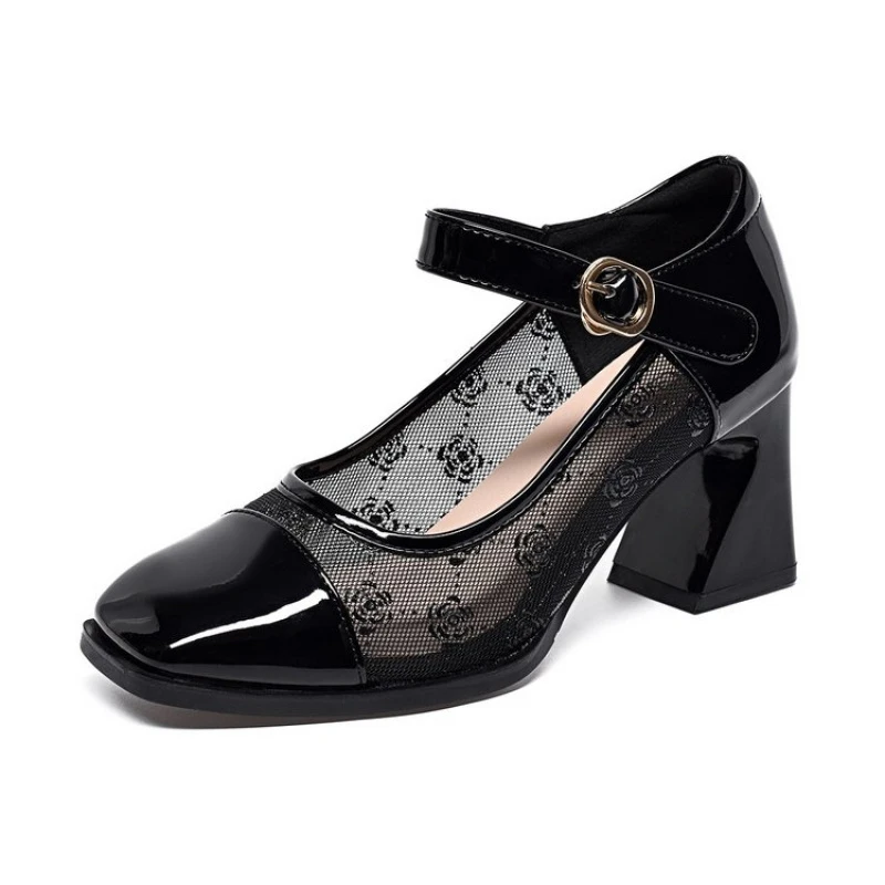 Damen-Arbeitsschuhe mit Hohem Absatz - Frühling PU-Leder Slip-On Mesh Mary Janes mit Verstellbarem Knöchelriemen, Perfekt für Büro und Alltag – Detail 7
