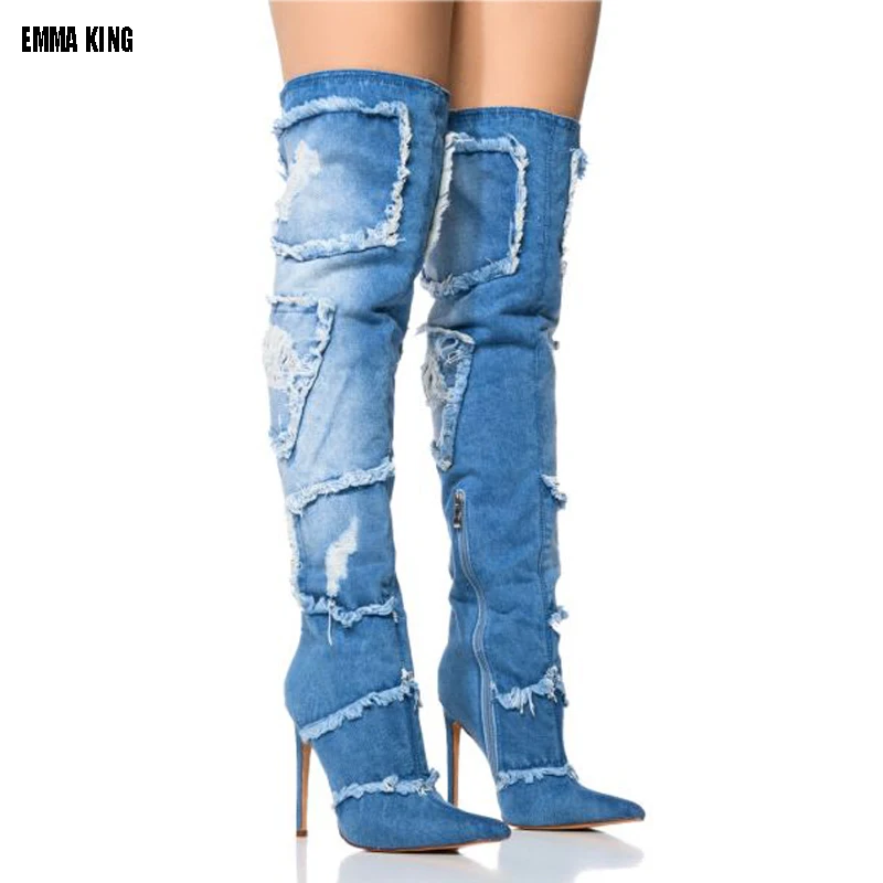 

New Denim Knee High Boots Women Fashion Slim Heels High Heels Jeans Boots Pointed Toe Thin Heels Women's Boots Sexy 44