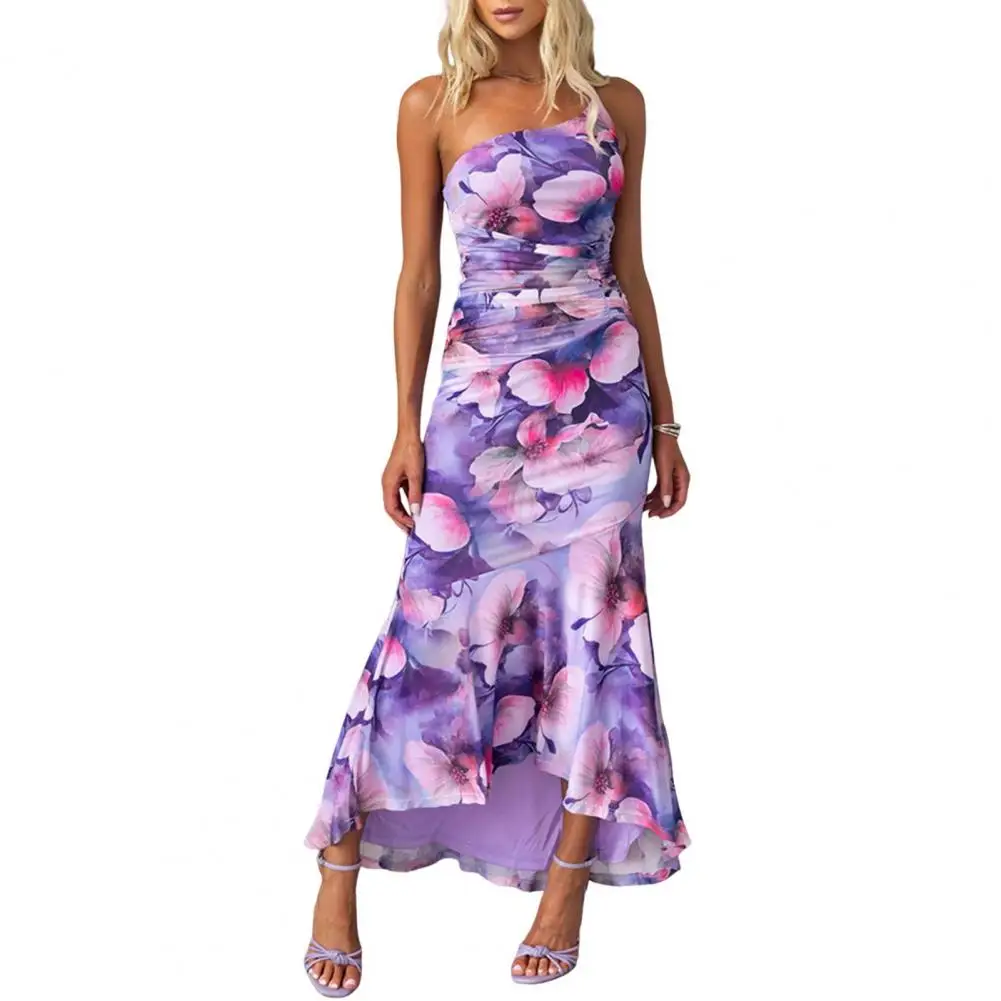 

Summer Women Long Dress Floral Printed Ruffle Hem Elegant One Shoulder with Skinny Pleats Slant Neck Dress Beach Prom