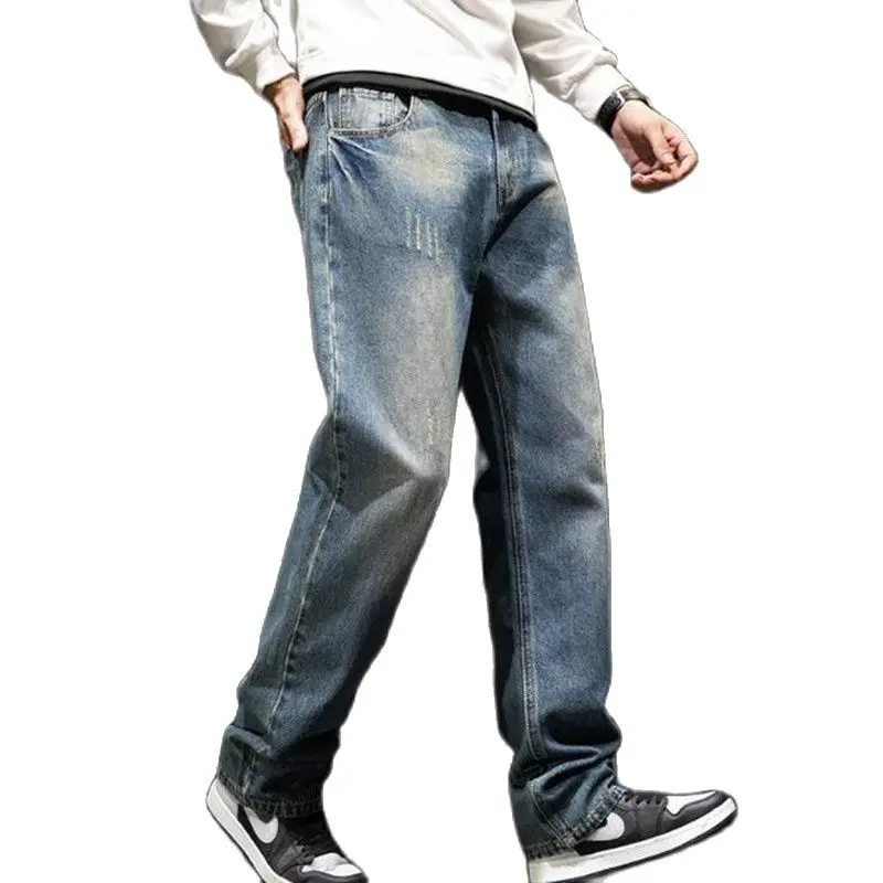 

New Nostalgic Men Jeans Cowboy Straight Loose Baggy Harem Denim Pants Casual Cotton Wide Leg Trousers
