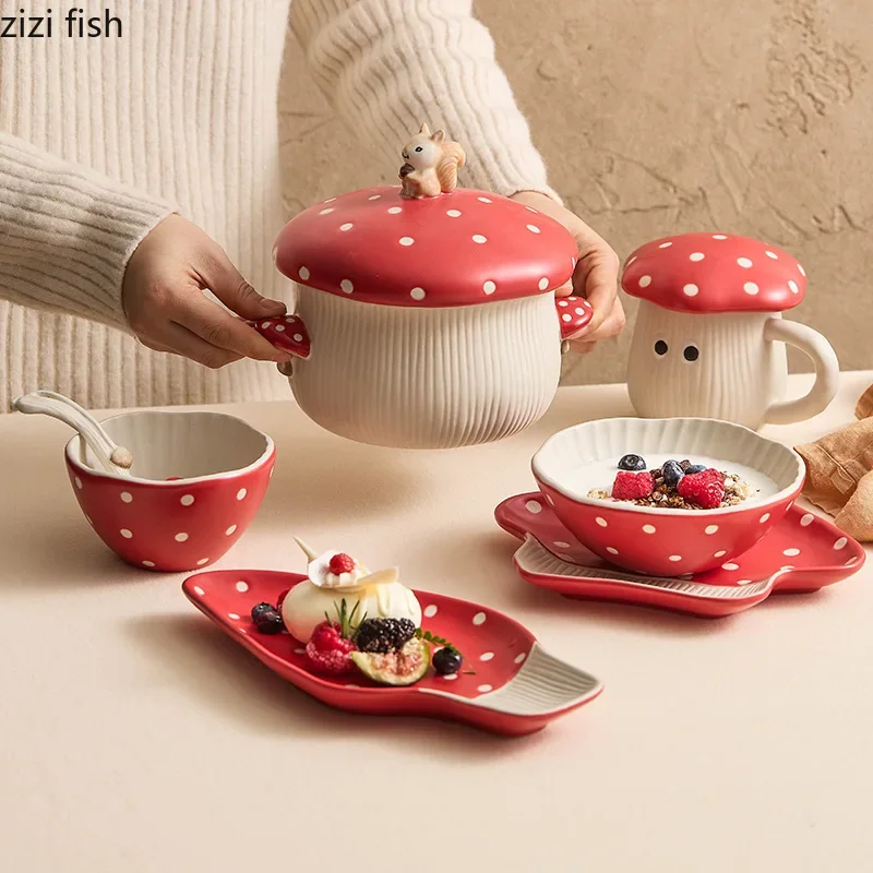 Mushroom Ceramic Tableware Mushroom Rice Bowl Noodles Bowl Soup Pot Flat Plate Sushi Plate Mug Spoon Kitchen Tableware