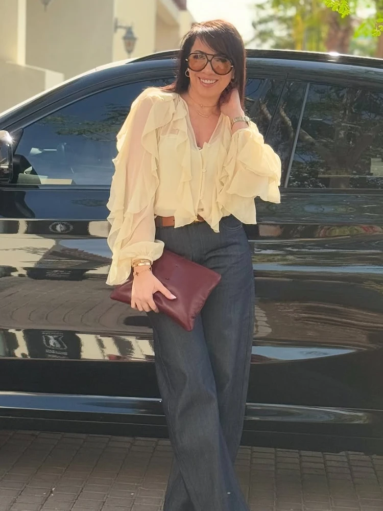 Spring Burgundy Layer Ruffles Shirts For Woman Casual V Neck Full Sleeve Loose Blouse New Female High Street Office Outfits 2025 - Image 5