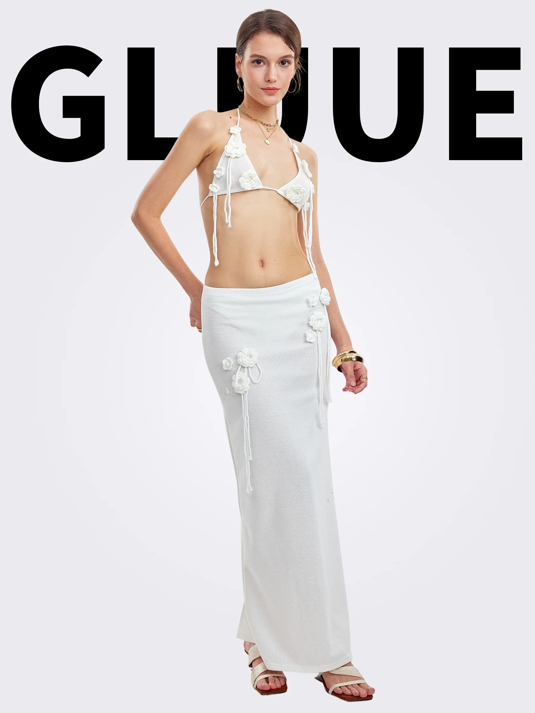GLUUE 퓨어 컬러 꽃무늬 비키니 수영복 커버업 하프 스커트 투피스 세트 비치 휴가 온천 캐주얼 여성 수영복