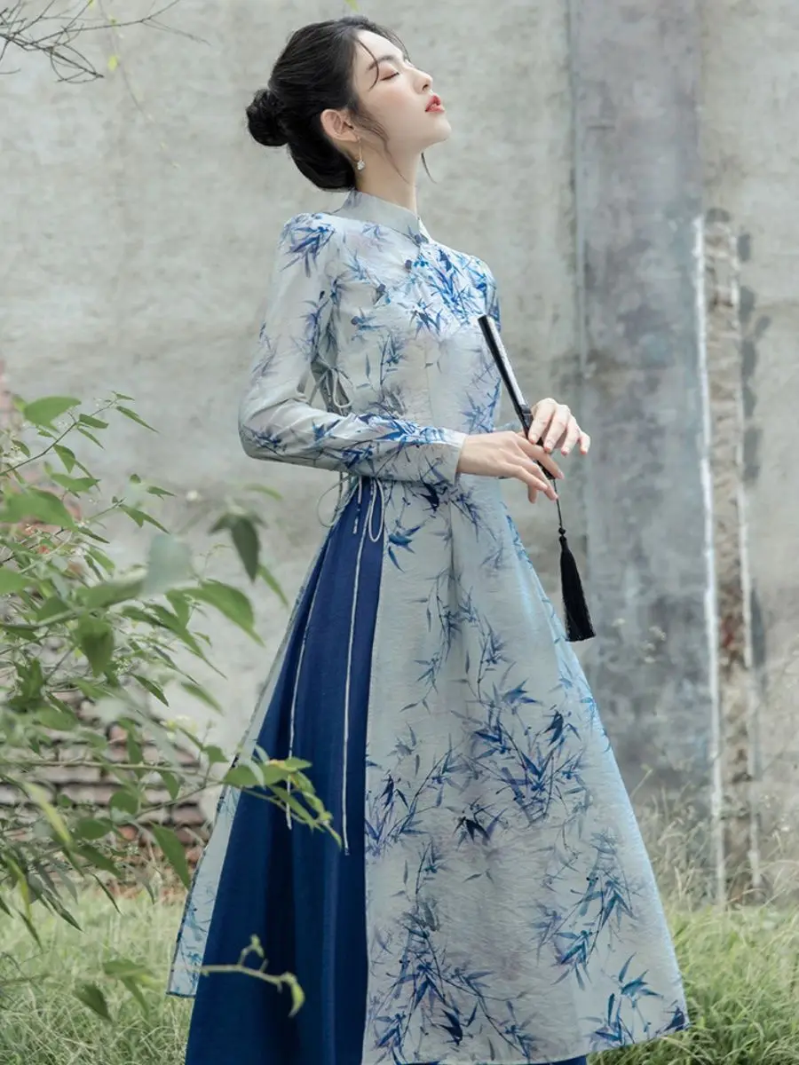 

2024 early autumn women's retro national style daily improvement qipao printing waist wrapping temperament two piece qipao dress