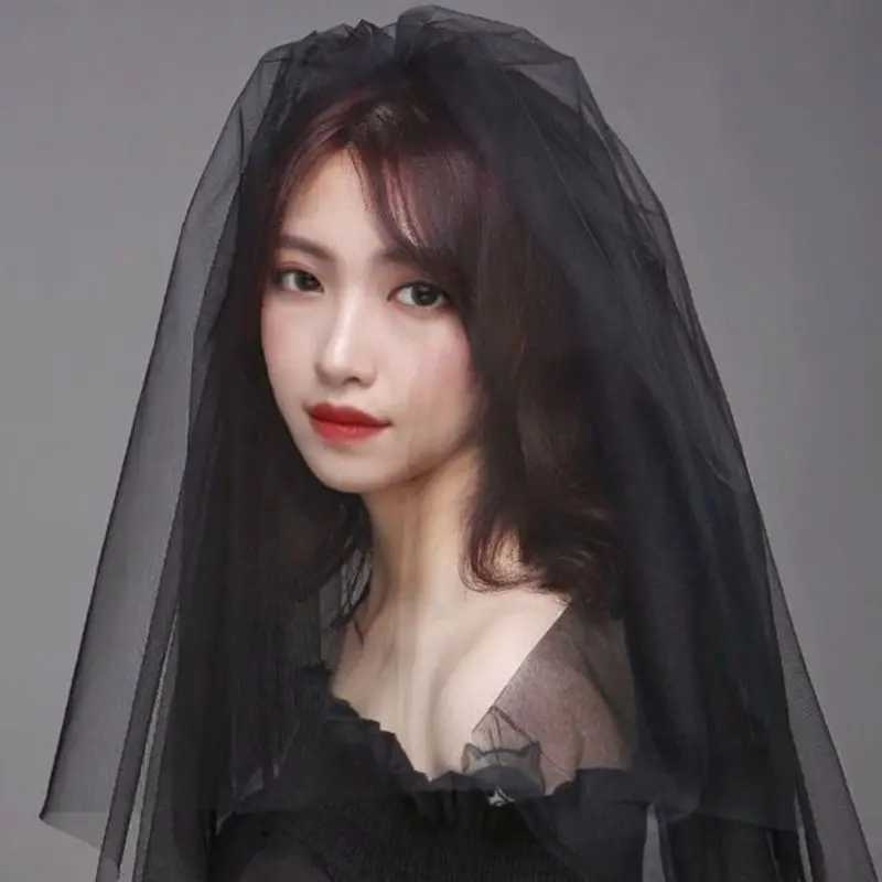 New Womens Layered Black Tulle Short Wedding Veil with Comb Halloween Cosplay Costume Bridal Party H Accessories Props bridal veil
