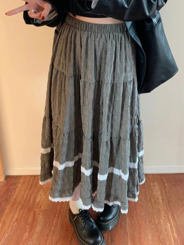 Qiukichonson Black Plaid Skirt Womens Long Skirt 2023 Spring Summer Korean Vintage High Waisted Crochet Lace Pleated Skirt Maxi