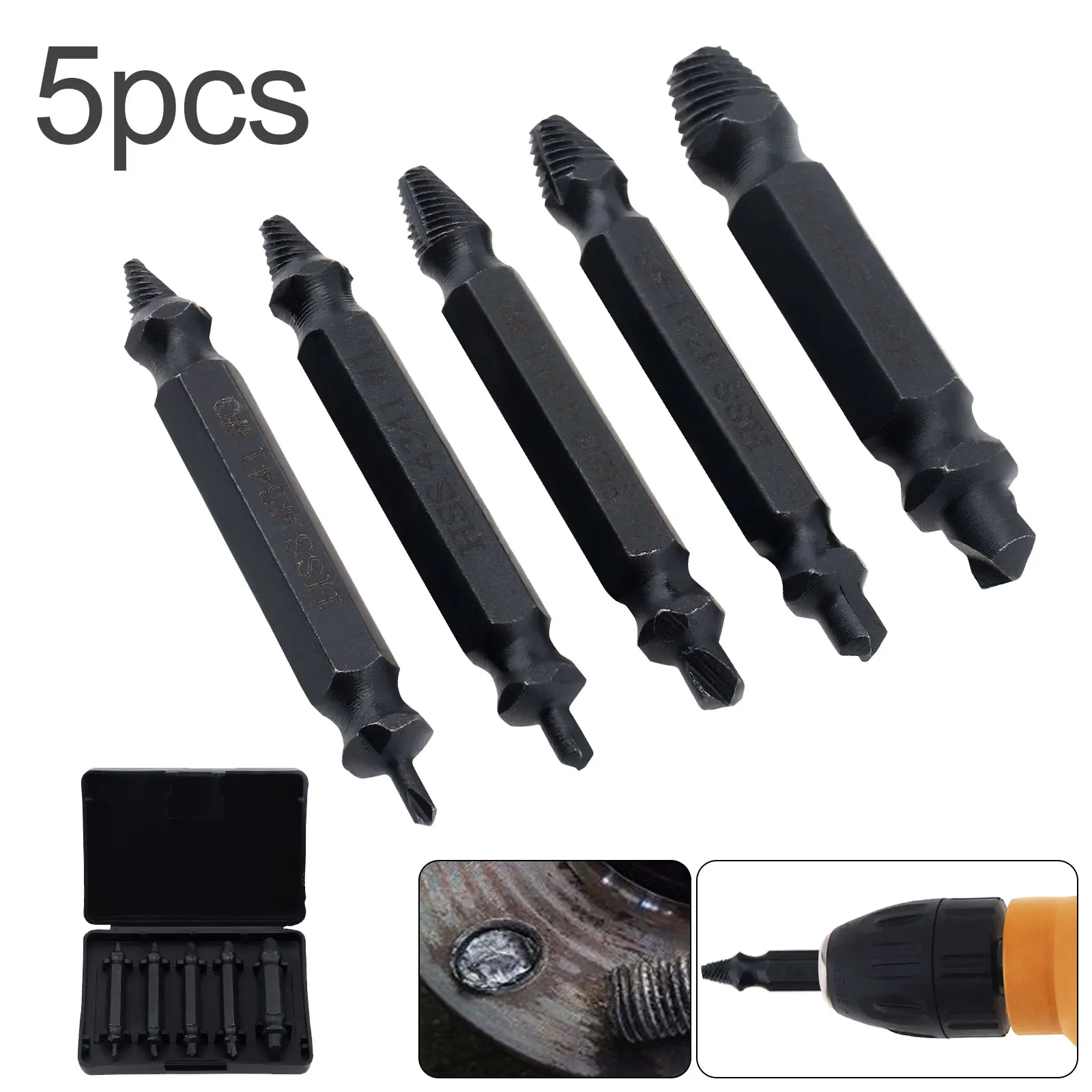 5pcs Damaged Screw Extractor Kit HSS Made 4341 High Speed Steel Broken Screw Remover Tool for Screws Nuts Bolts