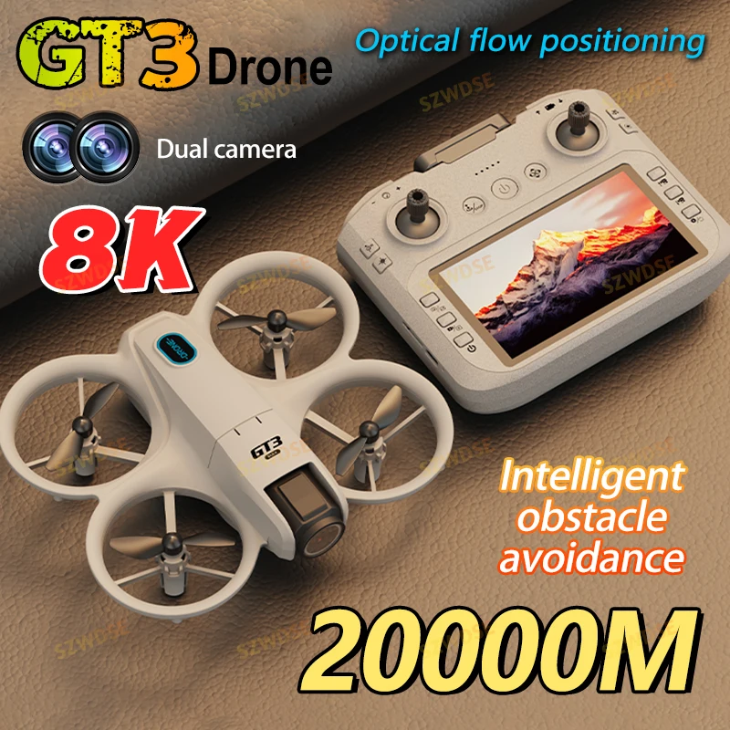 Drone de poche GT3 8K noir déplié avec double caméra réglable, prêt à voler en extérieur