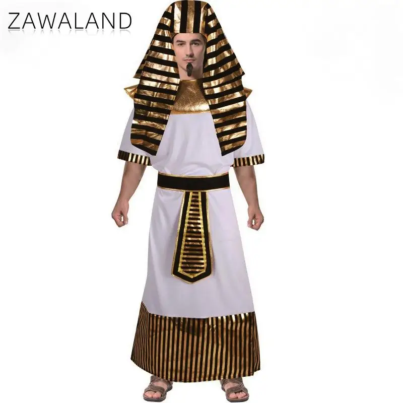 

Zawaland Men Egypt Pharaonic Cosplay Costume Carnival Holiday Party Suit with Hat Male Stage Performance Clothes Arabia Robe