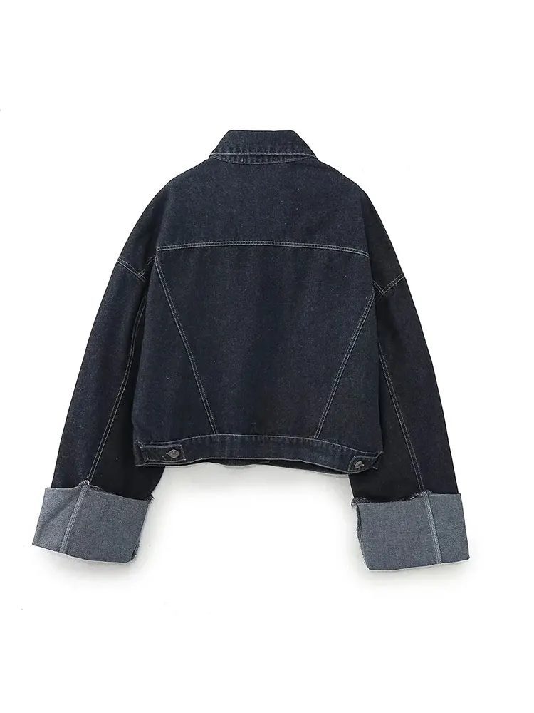 TRAF 2023 Autumn Women Fashion Loose Short Denim Jacket + Draped Wide-leg Jean 2 Piece Set Suit 5