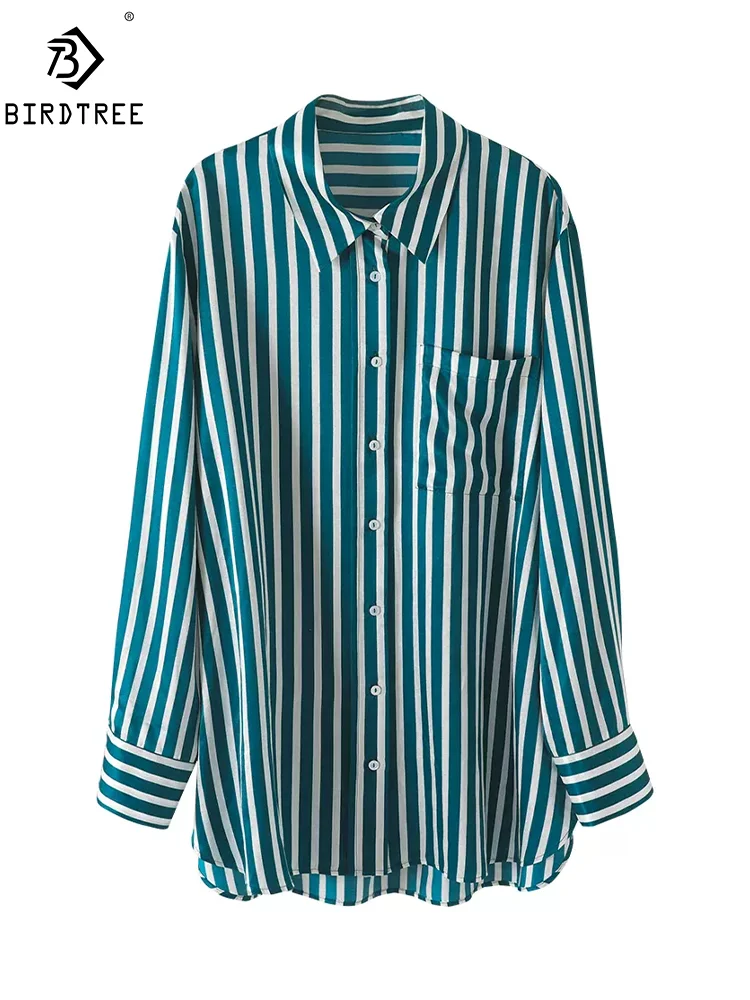 

BirdTree, 25% Real Silk Elegant Retro Shirt, Women Long Sleeves Striped, Casual Vacation OL Blouses, 2024 Summer New T43064QM