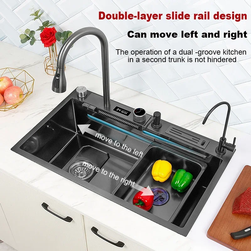 Stainless Steel Multifunctional Sink for Kitchen Sink Cuba Waterfall Black Nano Wash Basin Smart Large Faucet