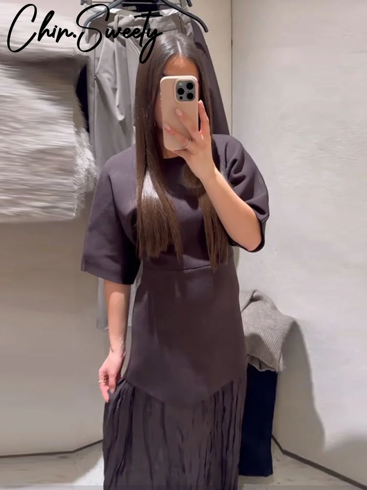 Elegant Patchwork Long Dress Women Slim O-neck Half Sleeve Pleated Party Dresses 2025 Spring Summer Lady Commute Robes 5