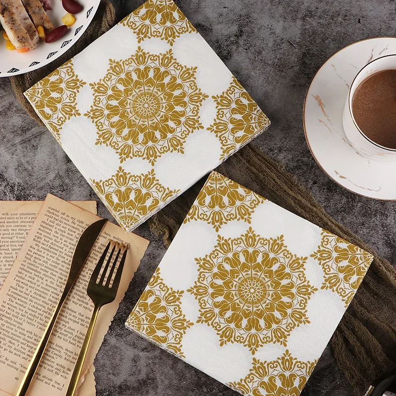 Printed Paper Napkins Gold Wedding Pure Wood Pulp Hotel Party 20pcs/pac 33cm