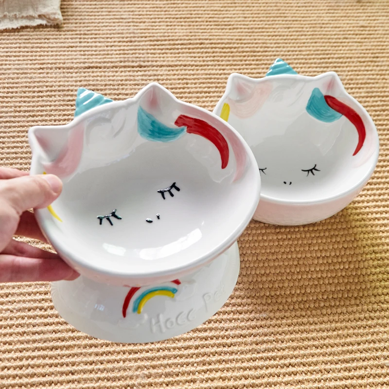 Unicorn cat bowl ceramic protection cervical spine drinking and foof bowl oblique mouth cat food basin high foot