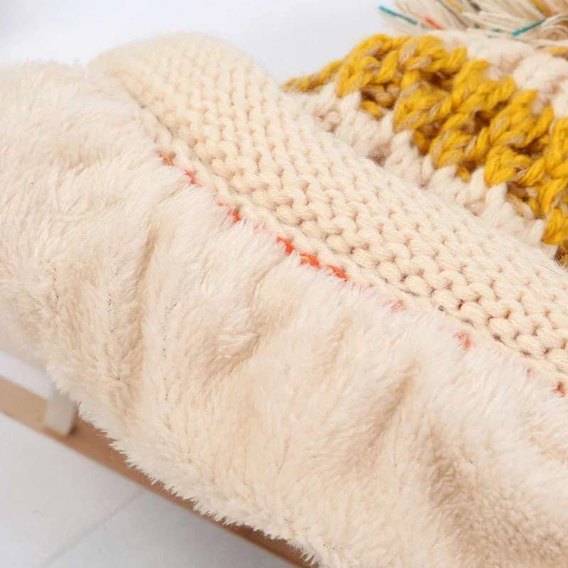 New Winter Knitted Hats Women Patchwork Pompon Balls Earflap Caps Ladies Warm Thick Winter Beanies Female Beanie Hat 4