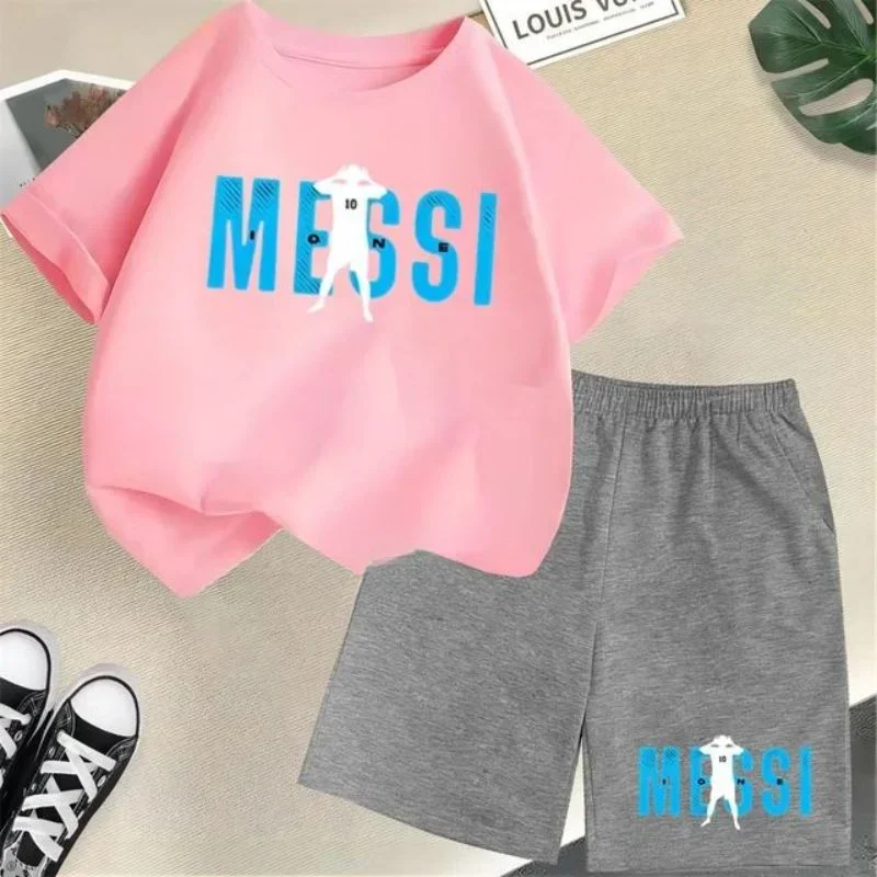 thumbnail image 1 of Nueva camiseta y pantalones cortos con estampado de Messi para niños y adolescentes, conjunto de 2 piezas, ropa de fútbol para niños y niñas, traje deportivo de moda de manga corta de verano, 1 of 5