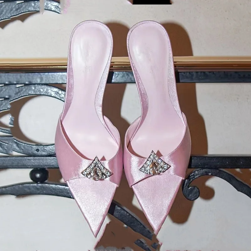 

Summer pointy head silk face rhinestone straight strap fashion slippers thin heel high heel party dress versatile sandals female