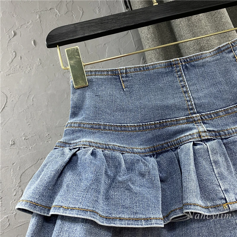 Harajuku Girl High Waist Single-Breasted Ruffles Cake Denim Skirt Woman Summer Sexy Jeans Skirts Students Kawaii Pleated Skirt 6