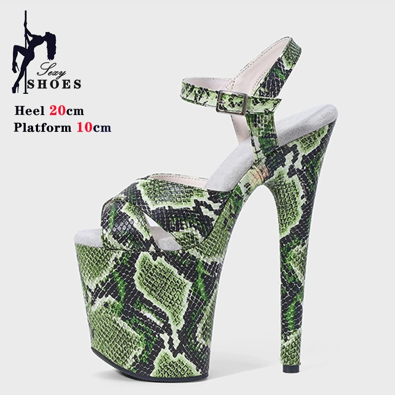 New 8Inch/20cm Women Sandals Exotic High Heel Platform Pole Dance Shoes Open Toe Green Snake Print Sexy Nightclub Catwalk Heels
