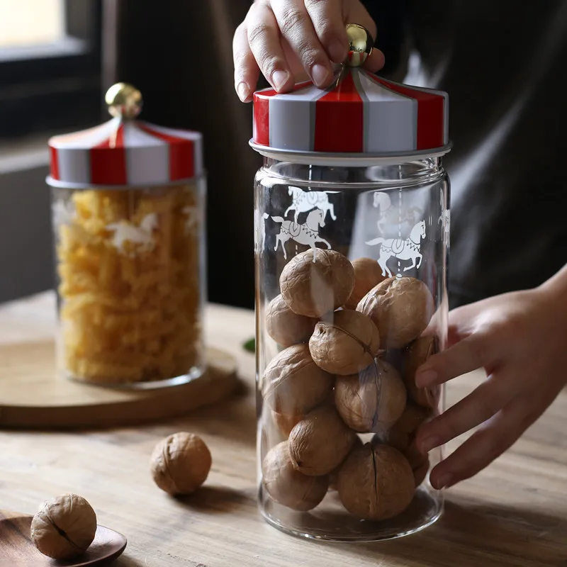 Nordic Creative Carousel Sealed Jar Glass Snack Grain Candy Storage Jar 4