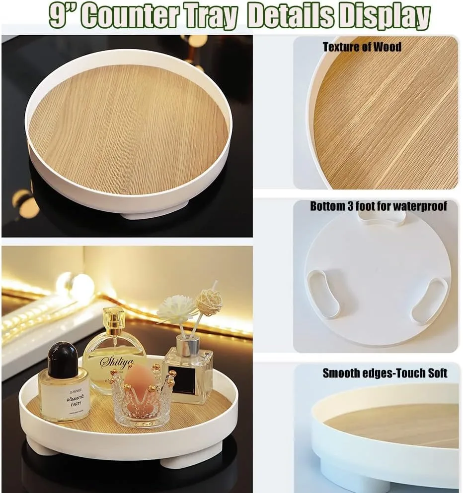 Wooden Bathroom Storage Tray Countertop Organizer Trays Vanity Counter Storage Shelf Round Cosmetic Holder Decorative Box 6