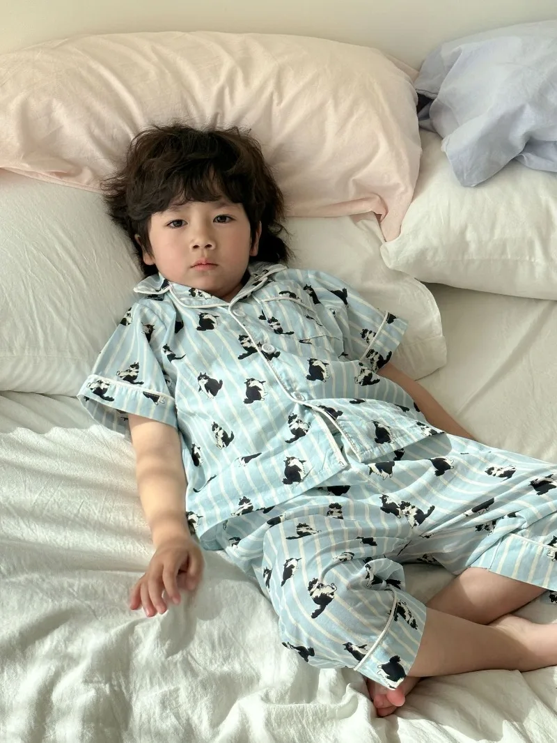 Children's Pajamas Summer 1-8Y Home Clothing Set Thin Pure Cotton Boys Lapel Top Pants 2Pcs Suit Girls Cartoon Printed Sleepwear
