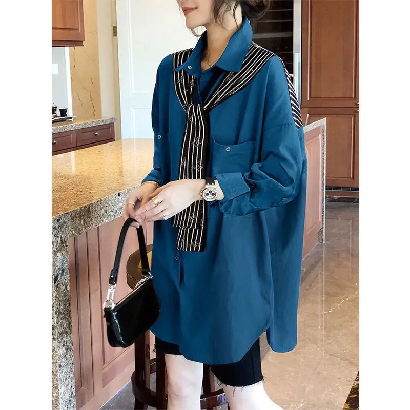 

Fashion Lapel Button Spliced Lace Up Striped Shirt Women Clothing 2022 Autumn New Loose Casual Tops All-match Korean Blouse