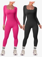 Long Sleeved Jumpsuit Women Square Collar High Waist Bodycon One-piece Leggings Seamless Casual Sports Jumpsuit Bodysuit