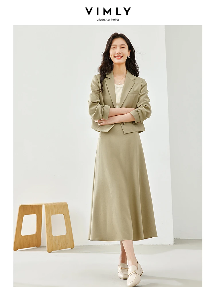 Vimly Spring Women's Suit Short Lapel Blazer Midi Skirt Office Lady Two Piece Set 2024 Elegant Matching Sets Clothing M5799 vimly autumn blazer suit cropped jacket baggy pant 2 piece sets women outfit 2023 new in elegant office lady matching sets m3986