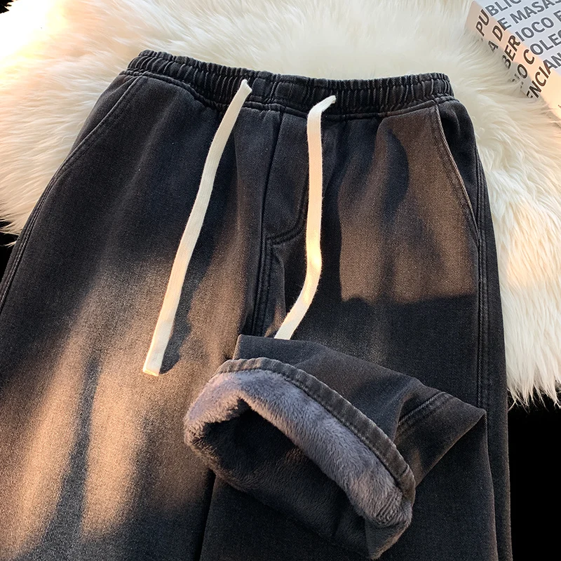 

Winter High Street Fleece Baggy Jeans Men Fashion Retro Distressed Straight Casual Male Thickened Warm Plush Denim Pants