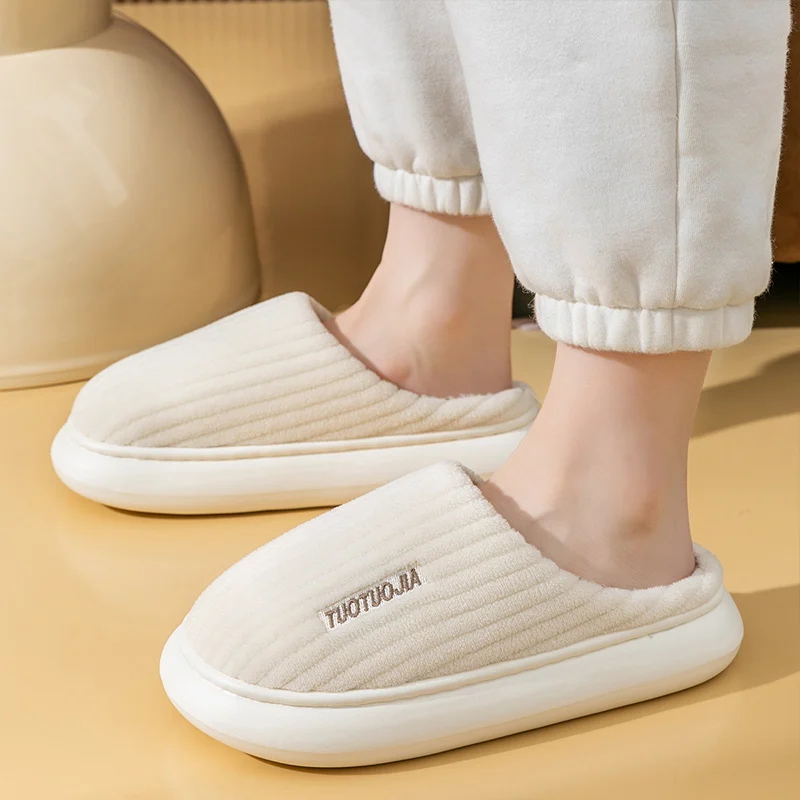 Couple Slippers Indoor Stripe Fluff Memory Foam Fluffy Eva Anti-skid Soft Heel Non Slip Plush Slippers Women's Winter Houseshoes 2