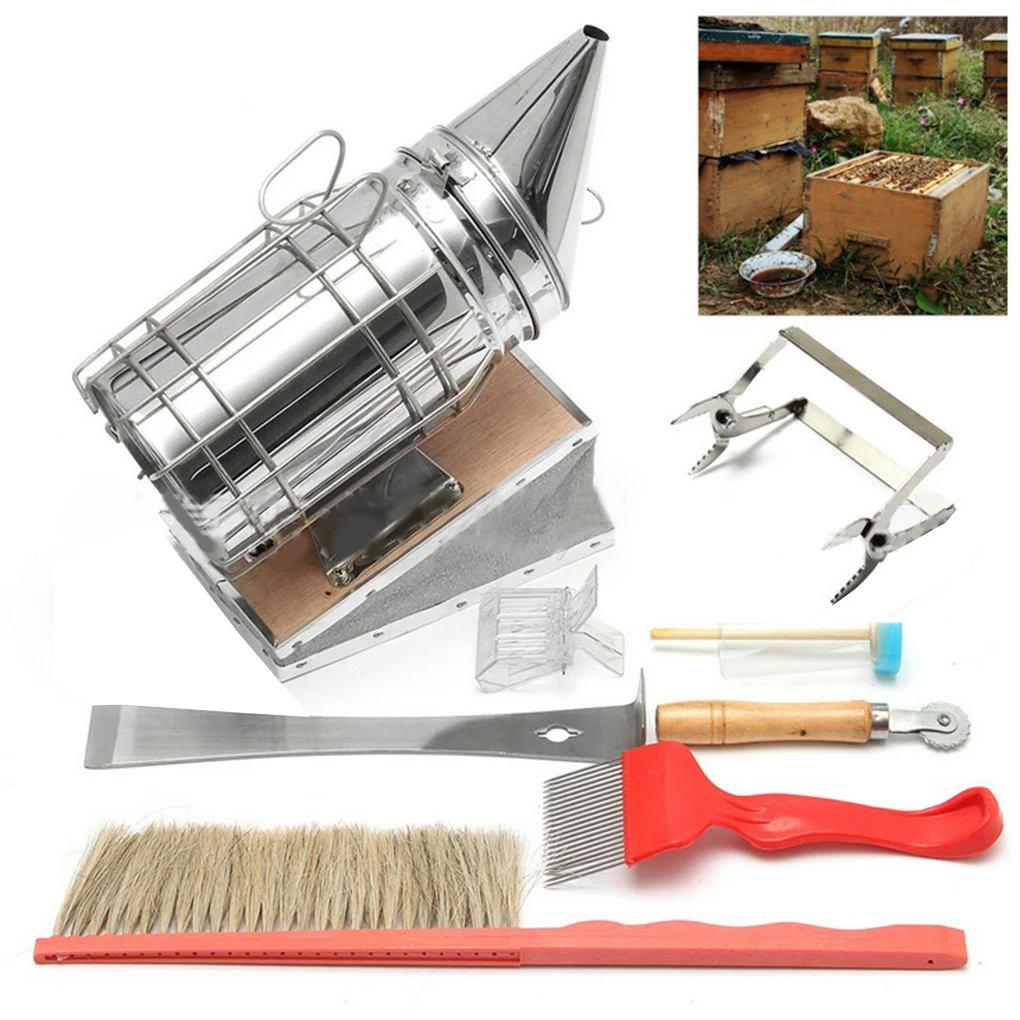 

8-in-1 Stainless Steel Beekeeping Bee Hive Smoker Kit Heat Shield Scraper Equipment Tools Set Color Random