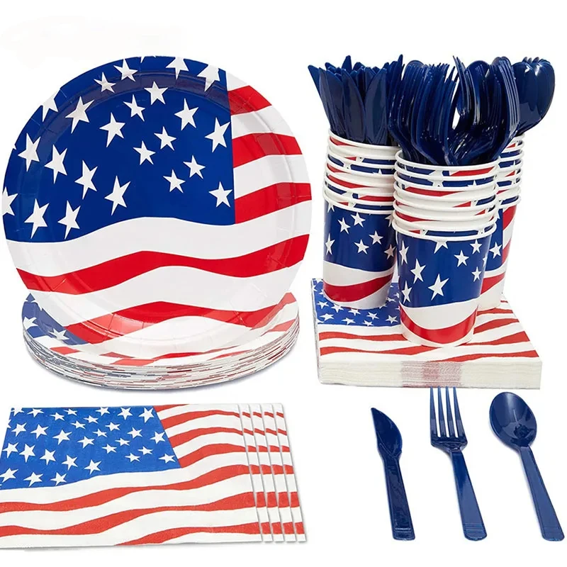 

American Flag Patriotic Party 4th Of July Independence Day Supplies Disposable Tableware Cup Fork Veterans Day Party Decorations