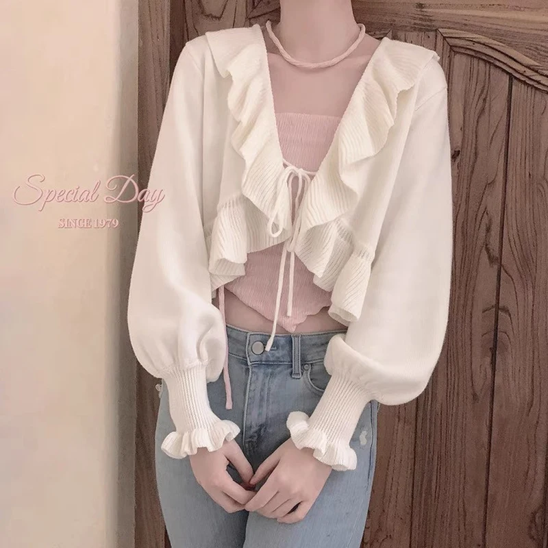 Japanese Sweet Knitted Cardigan Women Fall Ruffles Kawaii Lace Up Cropped Sweaters Harajuku Aesthetic Lantern Sleeve Cute Tops 6