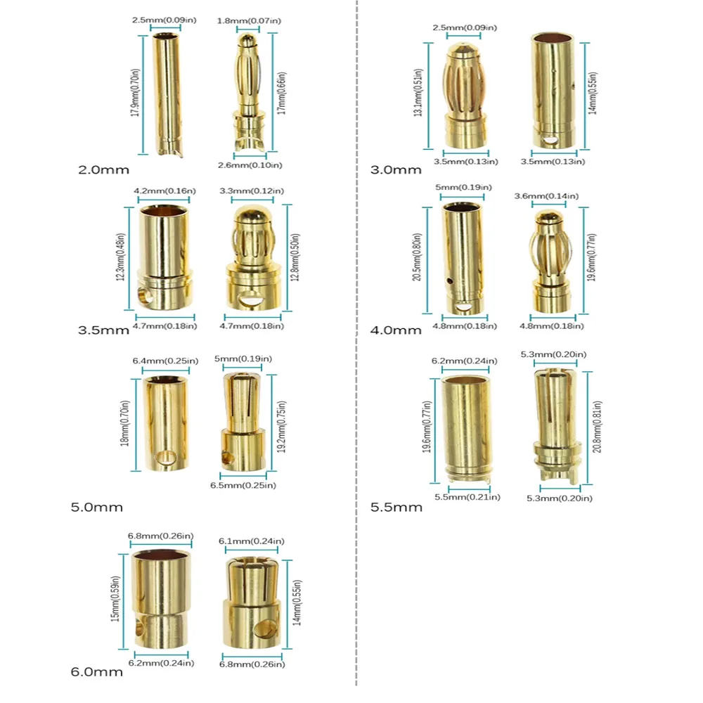 Lot de connecteurs batterie RC XT60 2.0-6.0mm 10 paires