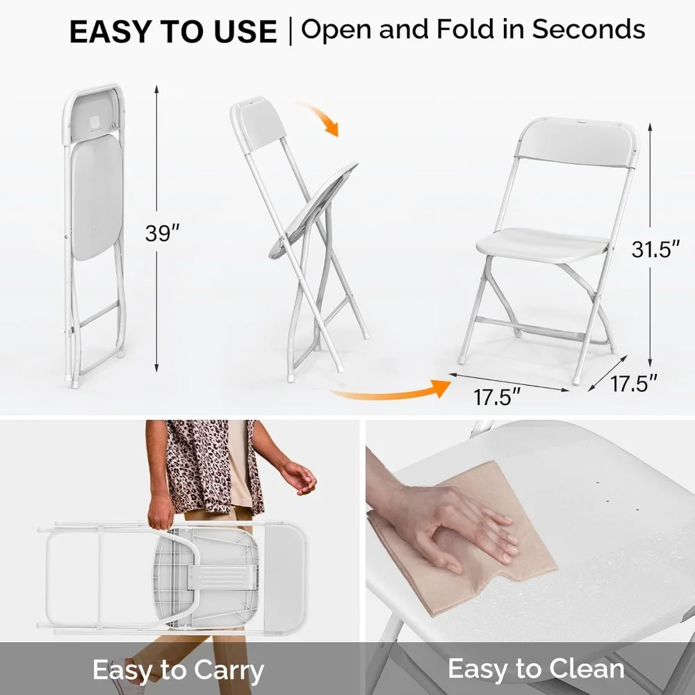 10 Pack White Plastic Folding Chair, Indoor Outdoor Portable Stackable Commercial Seat with Steel Frame 350lb. Capacity for Eve 3
