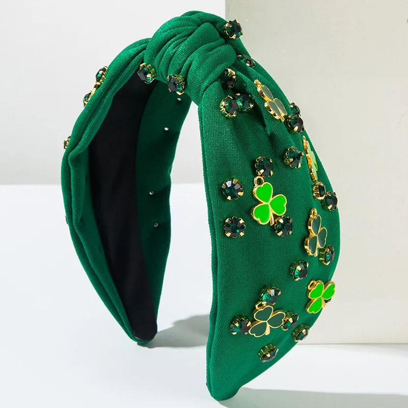 Women Irish Knotted Headbands Lucky Shamrock Rhinestone Wide Hair Hoop Cross Knot Non Slip Turban Hoops