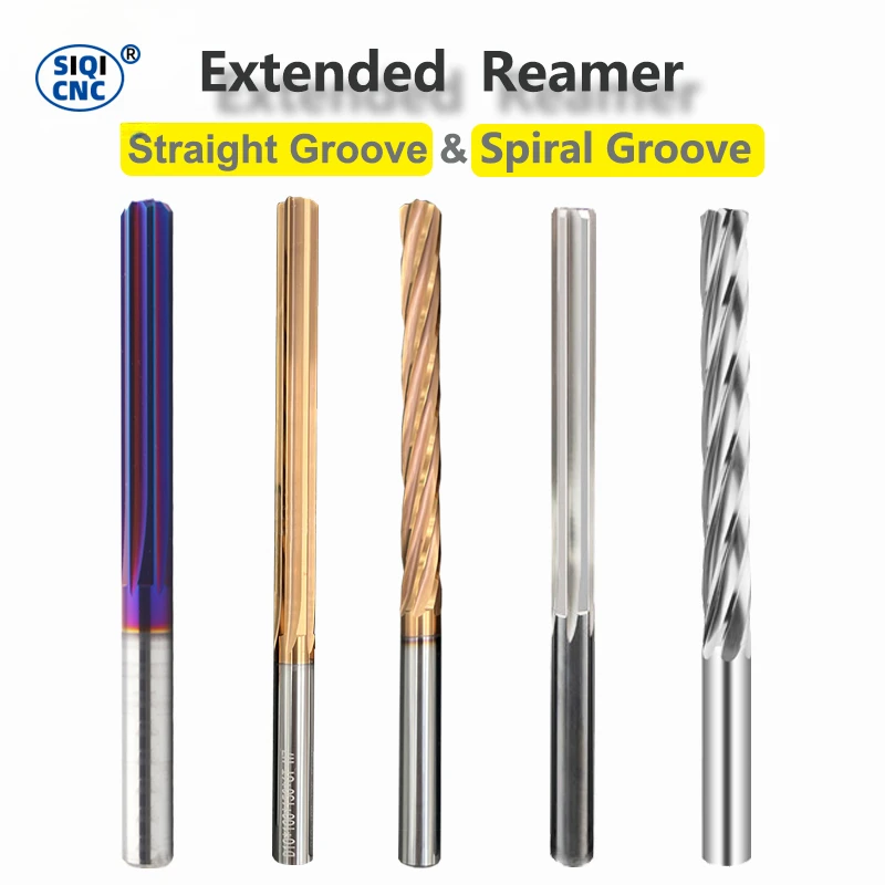 Steel Reamer Tools Carbide Reamer SIQICNC 100mm 150mm Carbide Machine Reamer HRC60 Coated Spiral Groove Tolerance H7 Harened Steel Metal Cutter CNC Turning Hole