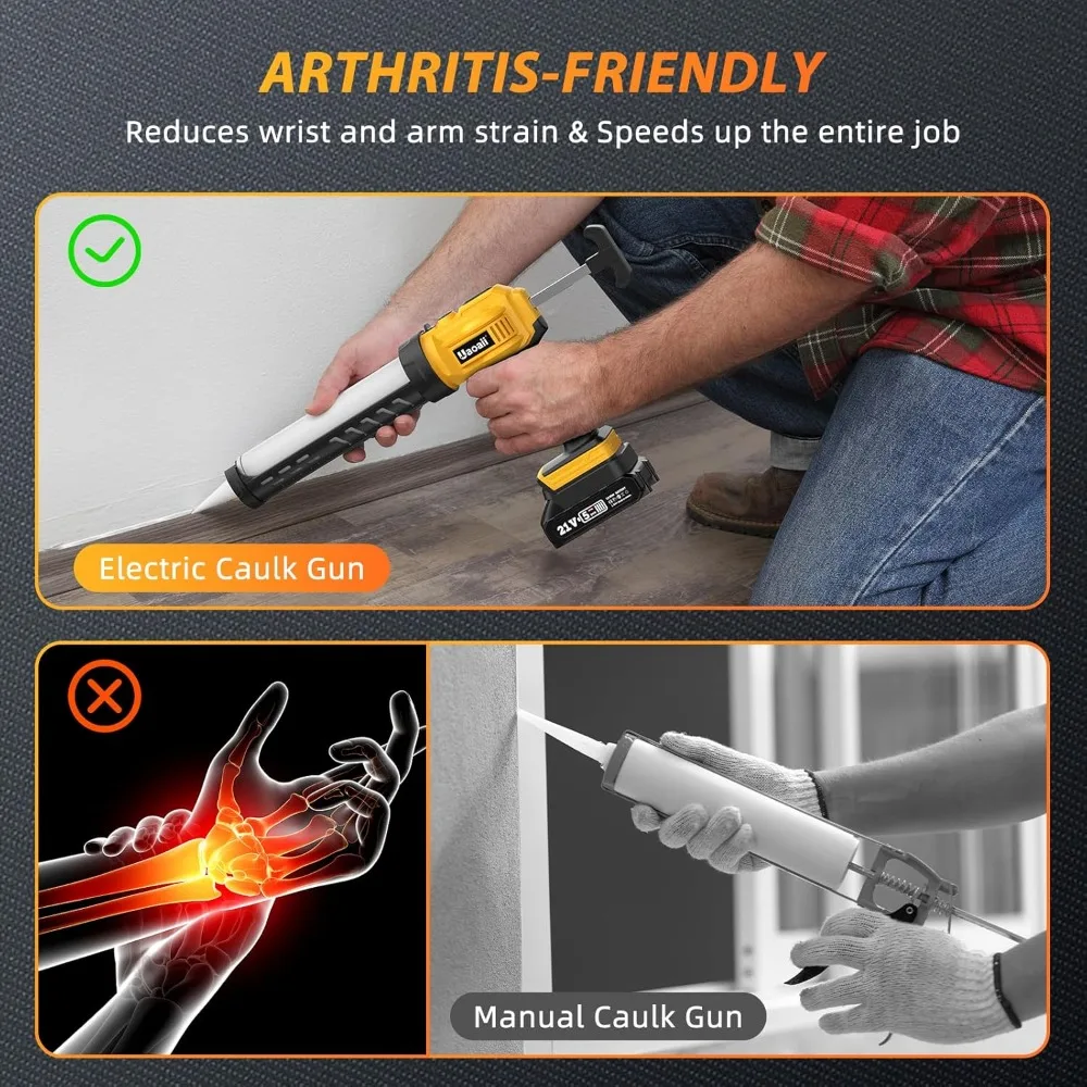 Cordless Caulking Gun W/ 2 Batteries, Uaoaii Electric Caulking Gun Battery Operated W/ 4 Adjustable Speeds, LED Light