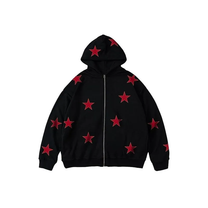 

Hip Hop Zip Up Hoodie Vintage Star Patch Cotton Loose Sweatshirt Jacket Harajuku Gothic Long Sleeve Women Sweatshirt Y2k Clothes