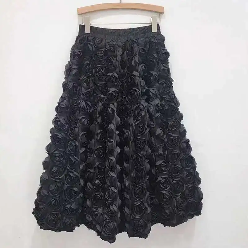 DEAT 2024 Autumn New Versatile Three Dimensional Flower Mid-calf Skirt High Waist Big Swing Fashion A-line Skirts Female 33A2033