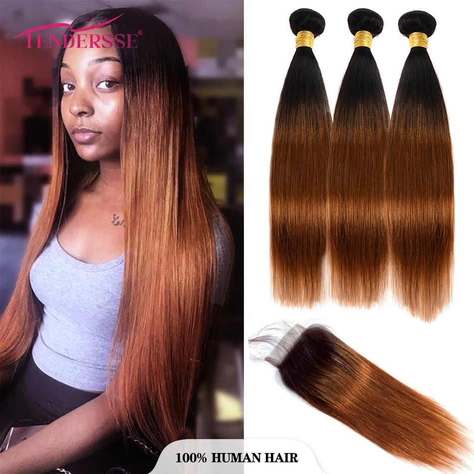 

12A Grade Ombre Straight Bundles With 4x4 Lace Closure Free Part Virgin Remy 100% Human Hair Ombre 3 Tone Human Hair Extensions